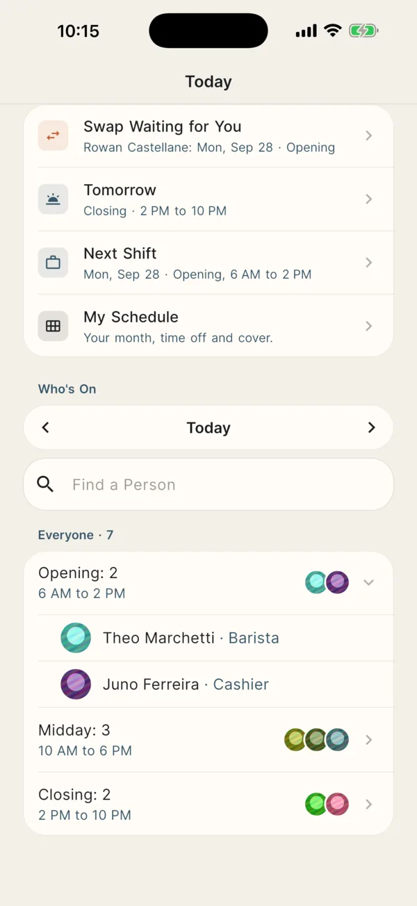 The Today screen in the Schedultary app for a shop: a swap waiting, the next shift and who is on